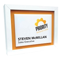 Full Color Logo on White Acrylic Name Frame
